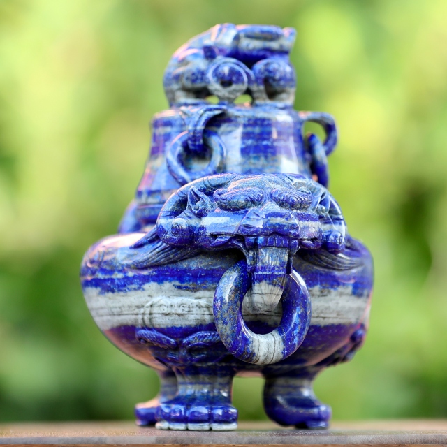 9.0” Natural Lapis Lazuli Hand Carved 3 Foot Censer with Lid Gemstone Tripod