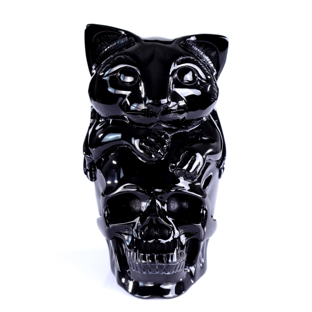 7.8" Natural Black Obsidian Hand Carved Crystal Skull and Cat Sculpture