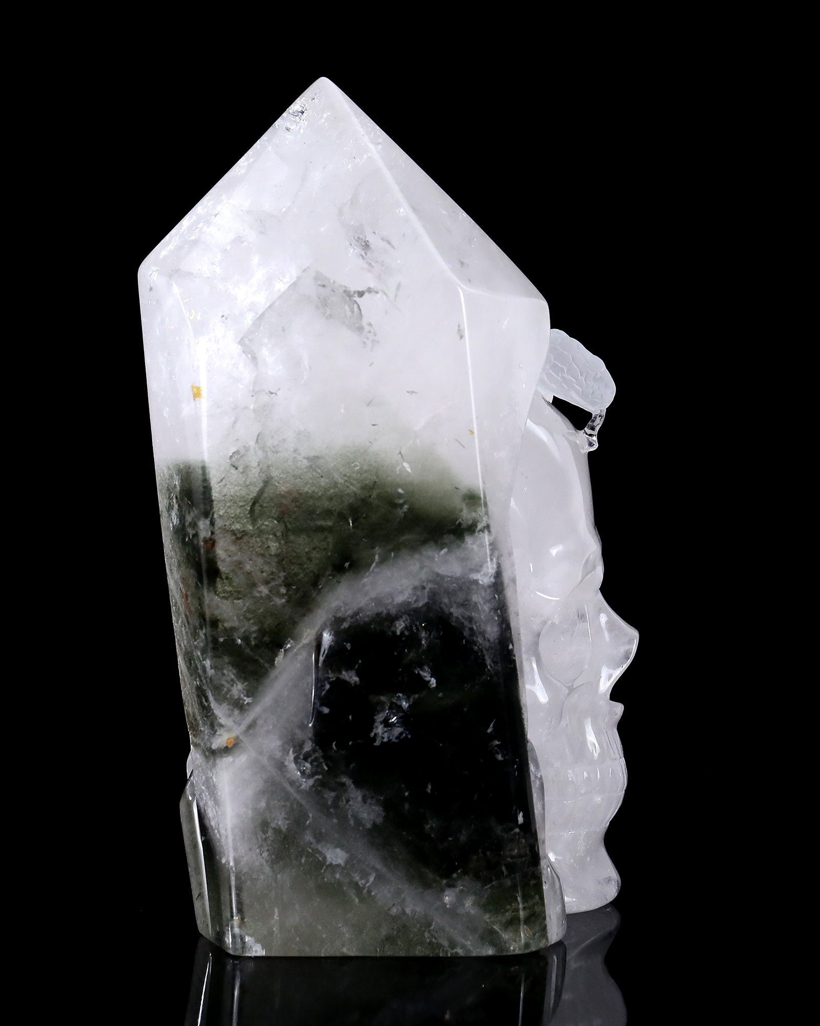 9.2" Natural Hand-Carved Phantom Quartz - Skull and Snake Gemstone Figurine