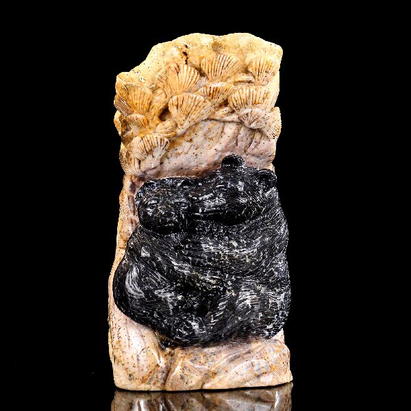 Natural Agatized Coral Stone Black Bear Mother & Cub Carving - Handcrafted Wildlife Sculpture for Home Decor & Gift