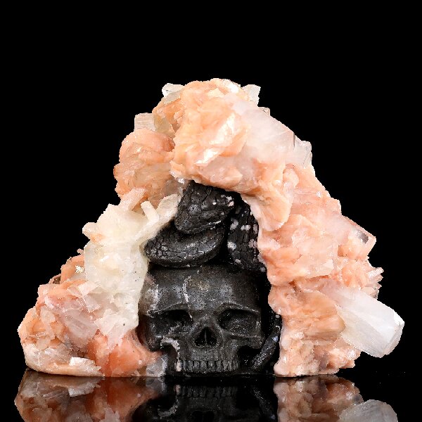 9.8” Unique Raw Indian Apophyllite with Stilbite Hand Carved Crystal Skull and Snake Sculpture, Unique Crystal Carving for Collectors