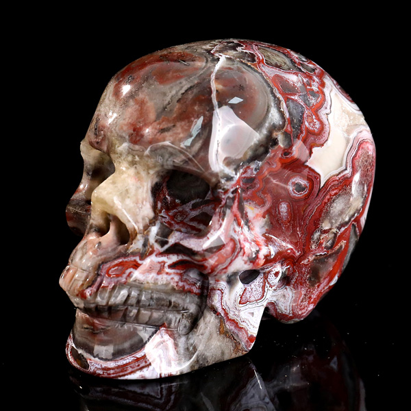 Intricate Veined Natural Red Lace Agate Skull - Artisan Crafted Crystal Sculpture