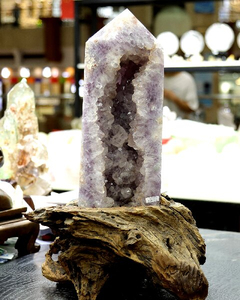 Natural Amethyst Cherry Blossom Hexagonal Prism - Hand Carved Healing Decor