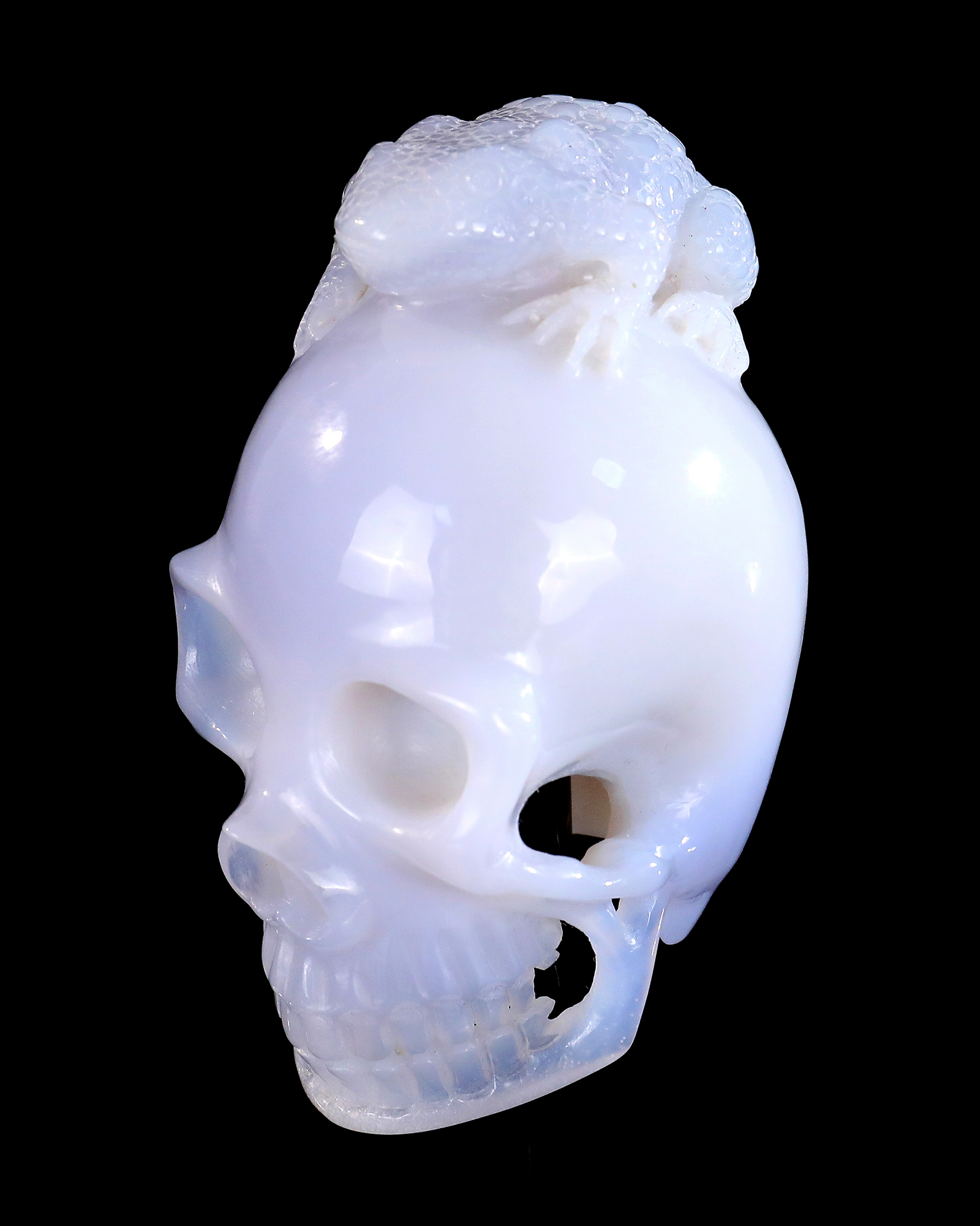 Blue Chalcedony Golden Toad on Skull Carving Hand-Carved Crystal Decorative Ornament