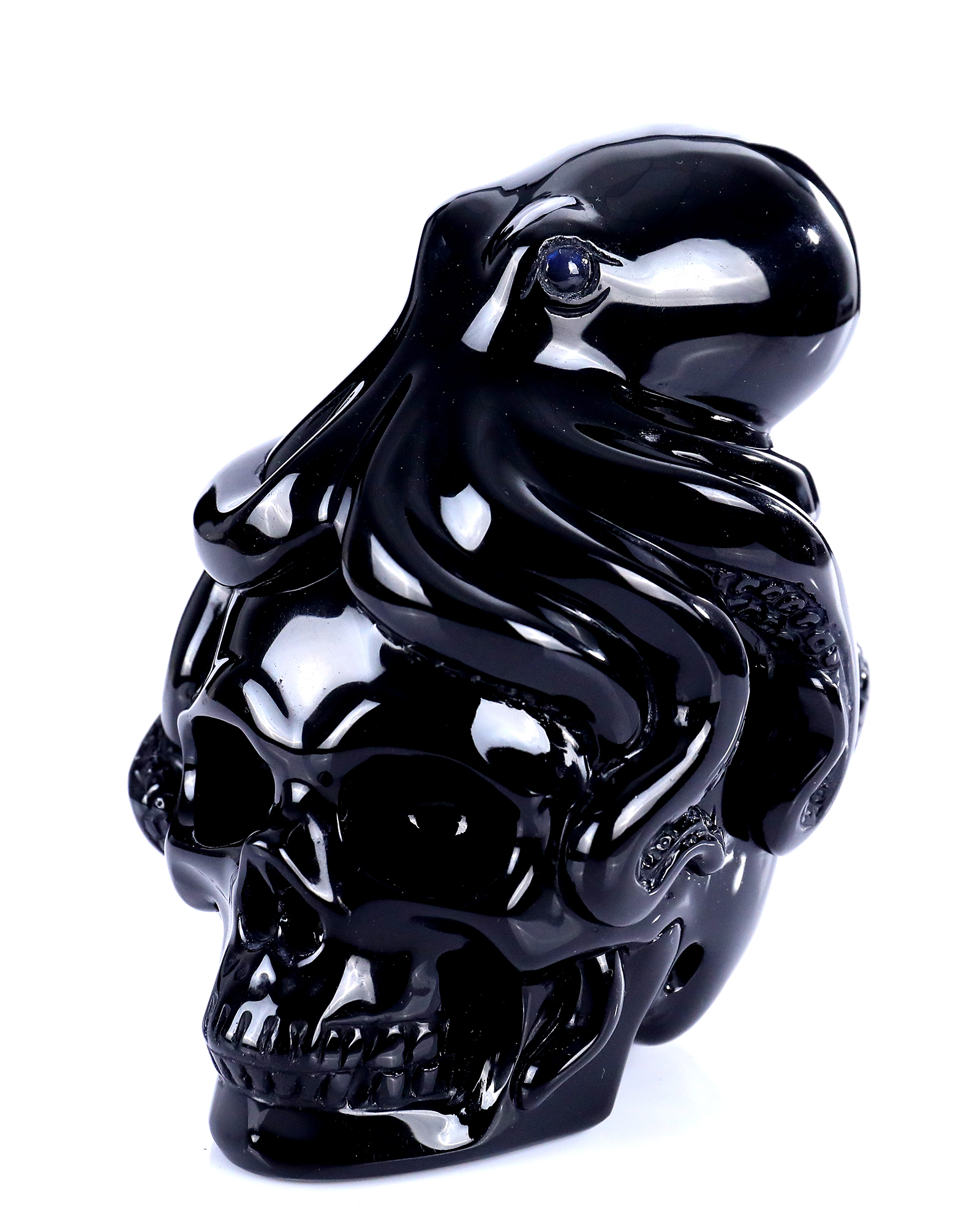 5.0" Black Obsidian Skull Carving with Handcrafted Octopus Accent Natural Stone Sculpture