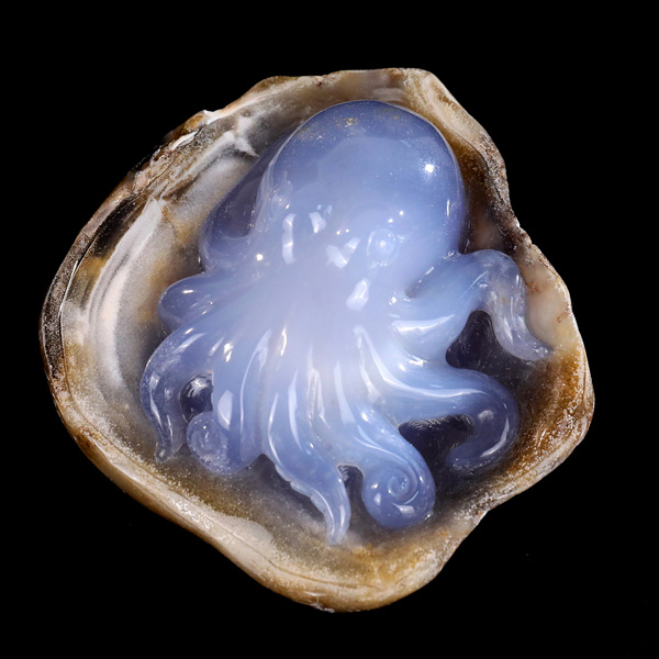 Natural Blue Chalcedony Octopus Carving Handcrafted Gemstone Figurine Stone Art Decor